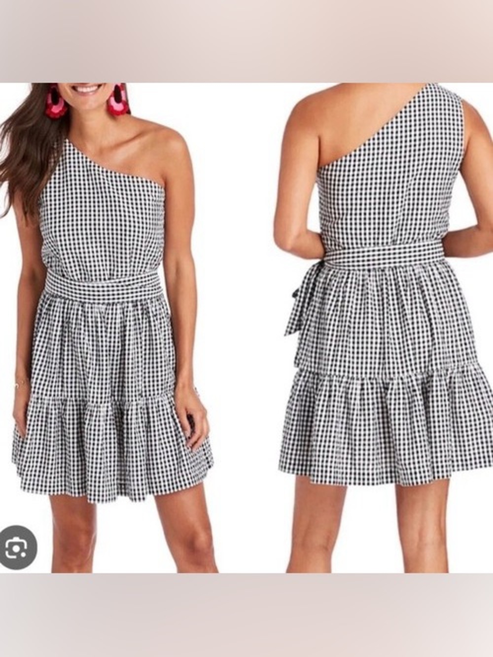 Vineyard Vines Black and White One-Shoulder Gingham Dress